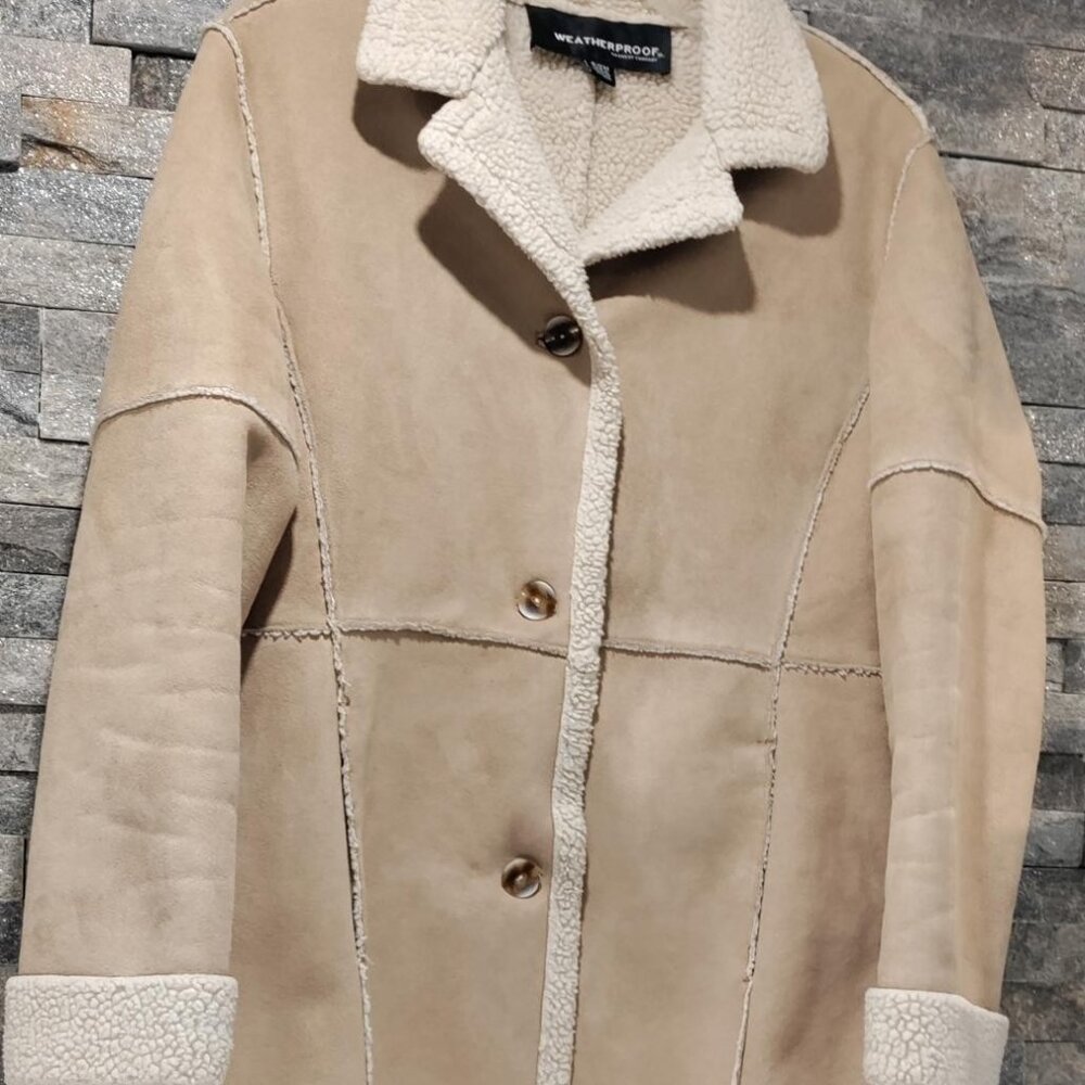 Weatherproof Shearling/Faux Suede Car Coat-SMALL-BEIGE/TAN and WHITE